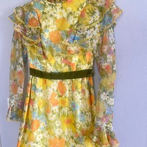 Vintage 1970s Edwardian prairie maxi dress -green Floral Ruffle Dress